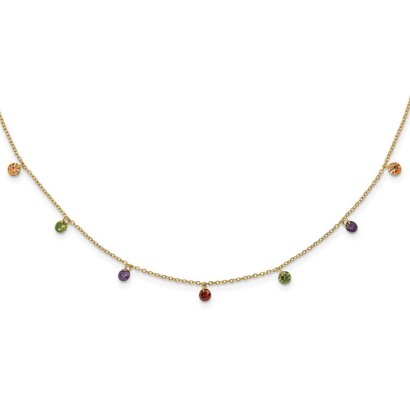 Sterling Silver Prizma Gold-Tone 14K Flash Gold-Plated 16 Inch Dangling Colorful Cz Necklace With 2 Extender
