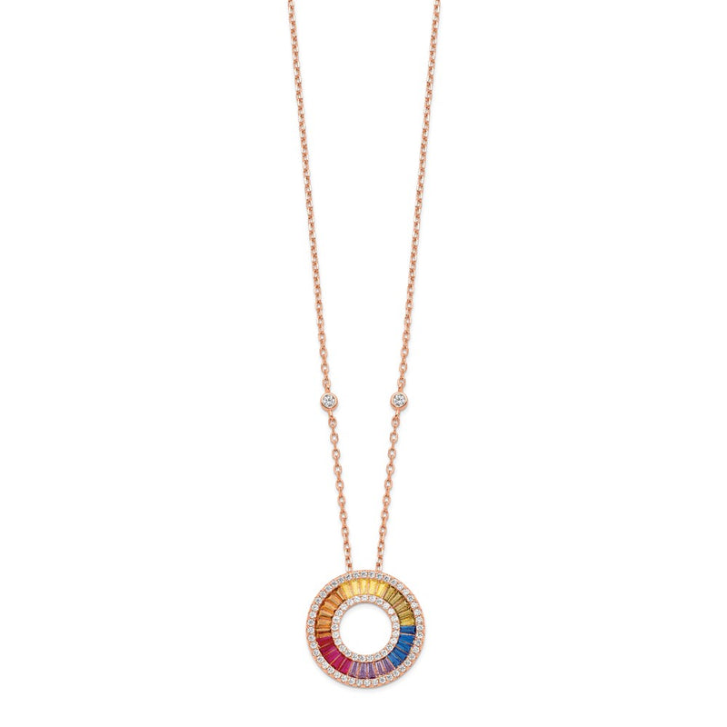 Sterling Silver Prizma Rose-Tone 14K Flash Rose Gold-Plated 16 Inch Colorful Baguettes Cz Circle Necklace With 2 Extender
