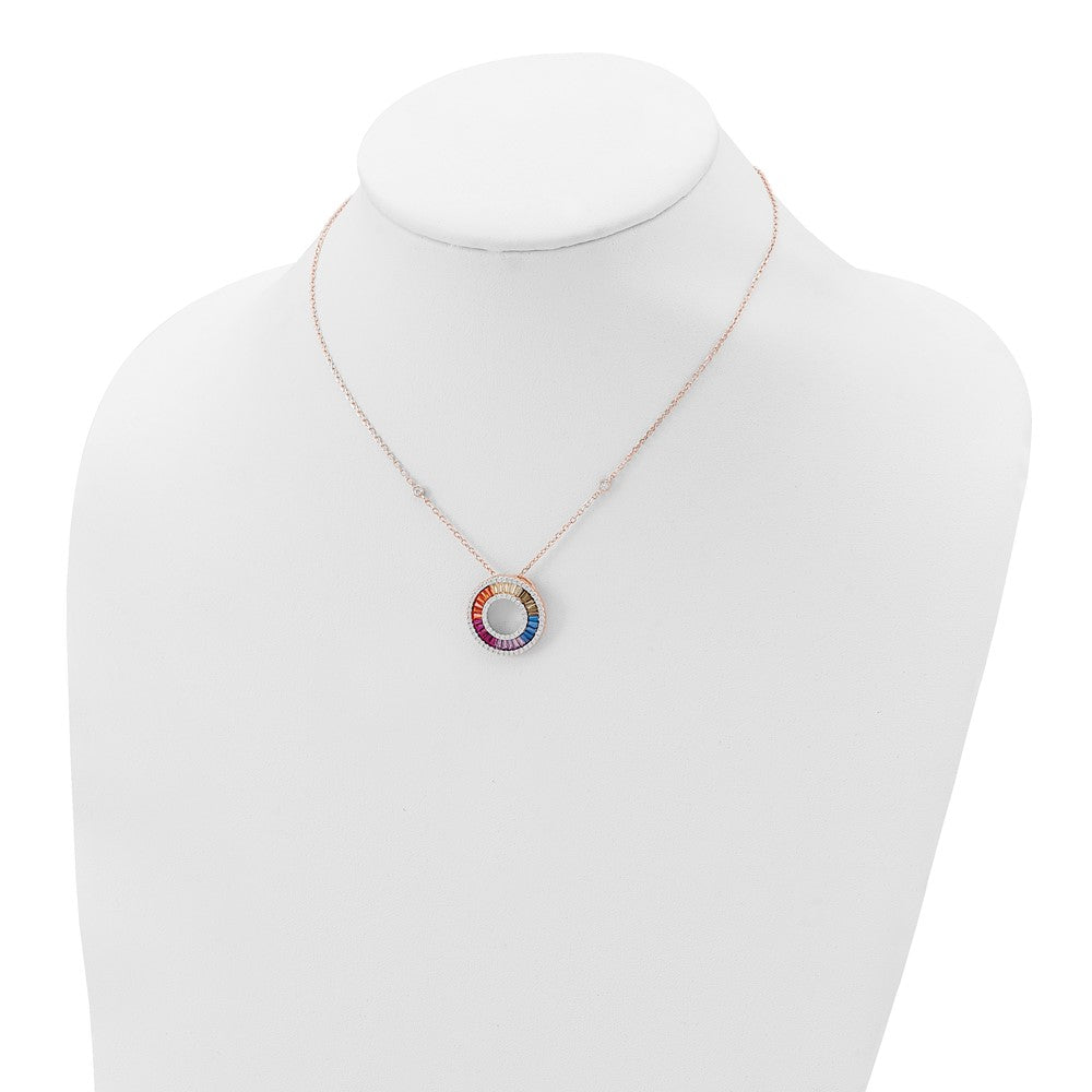 Sterling Silver Prizma Rose-Tone 14K Flash Rose Gold-Plated 16 Inch Colorful Baguettes Cz Circle Necklace With 2 Extender