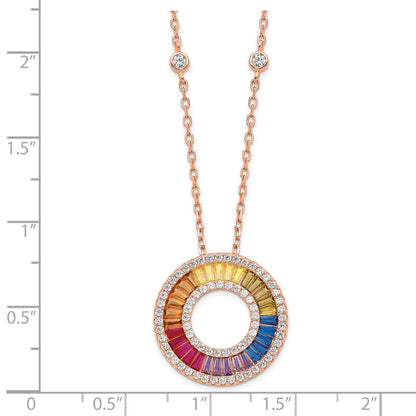 Sterling Silver Prizma Rose-Tone 14K Flash Rose Gold-Plated 16 Inch Colorful Baguettes Cz Circle Necklace With 2 Extender