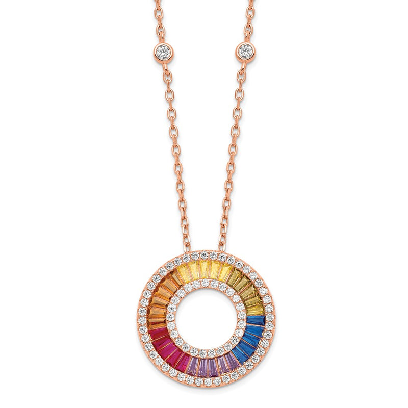Sterling Silver Prizma Rose-Tone 14K Flash Rose Gold-Plated 16 Inch Colorful Baguettes Cz Circle Necklace With 2 Extender