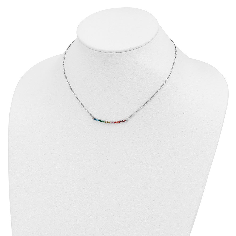 Sterling Silver Prizma Rhodium-Plated 18 Inch Colorful Cz Curved Bar Necklace