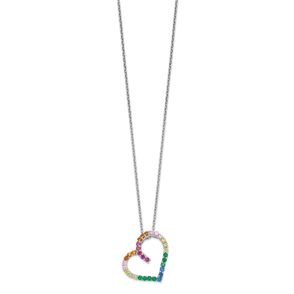 Sterling Silver Prizma Rhodium-Plated 18 Inch With 1 Extender Fancy Lobster Clasp Colorful Cz Open Heart Necklace
