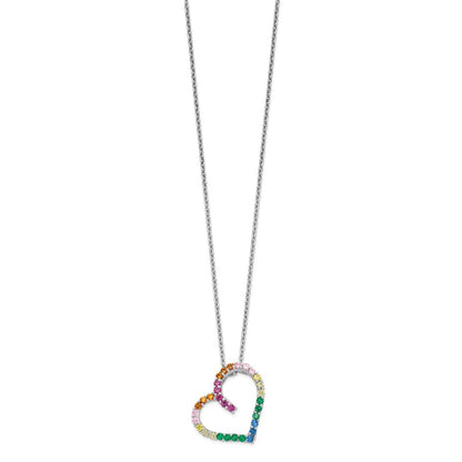 Sterling Silver Prizma Rhodium-Plated 18 Inch With 1 Extender Fancy Lobster Clasp Colorful Cz Open Heart Necklace