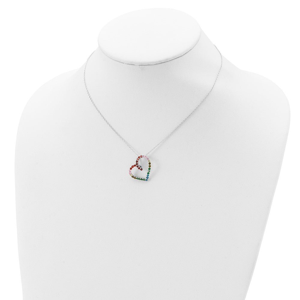 Sterling Silver Prizma Rhodium-Plated 18 Inch With 1 Extender Fancy Lobster Clasp Colorful Cz Open Heart Necklace