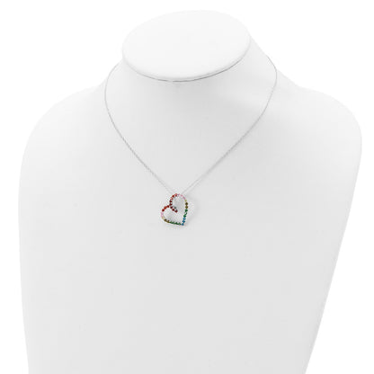 Sterling Silver Prizma Rhodium-Plated 18 Inch With 1 Extender Fancy Lobster Clasp Colorful Cz Open Heart Necklace