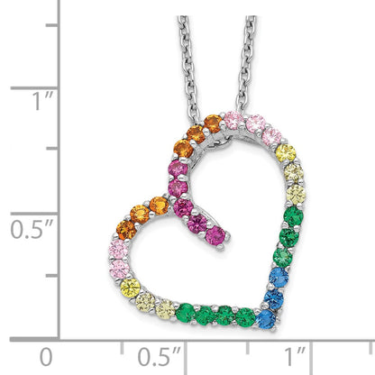 Sterling Silver Prizma Rhodium-Plated 18 Inch With 1 Extender Fancy Lobster Clasp Colorful Cz Open Heart Necklace