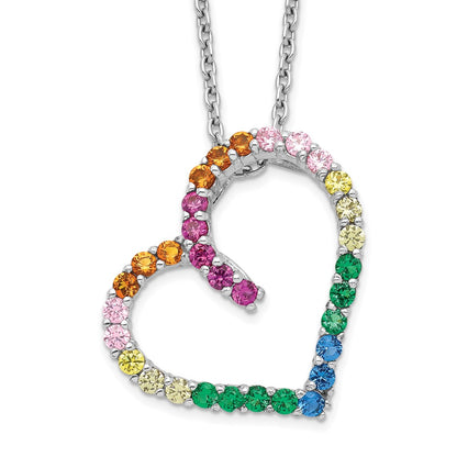 Sterling Silver Prizma Rhodium-Plated 18 Inch With 1 Extender Fancy Lobster Clasp Colorful Cz Open Heart Necklace