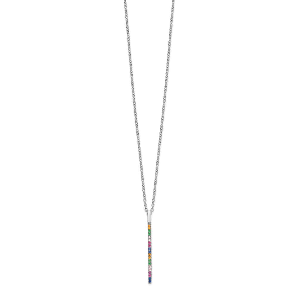 Sterling Silver Prizma Rhodium-Plated 16 Inch Colorful Cz Vertical Bar Necklace With 2 Extender