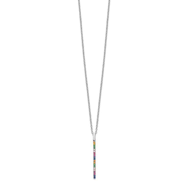 Sterling Silver Prizma Rhodium-Plated 16 Inch Colorful Cz Vertical Bar Necklace With 2 Extender