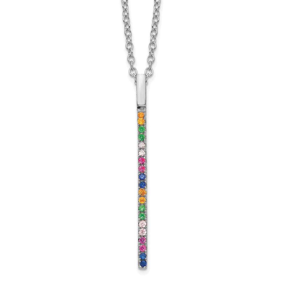 Sterling Silver Prizma Rhodium-Plated 16 Inch Colorful Cz Vertical Bar Necklace With 2 Extender
