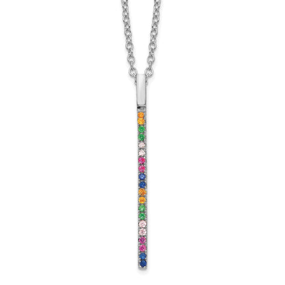 Sterling Silver Prizma Rhodium-Plated 16 Inch Colorful Cz Vertical Bar Necklace With 2 Extender