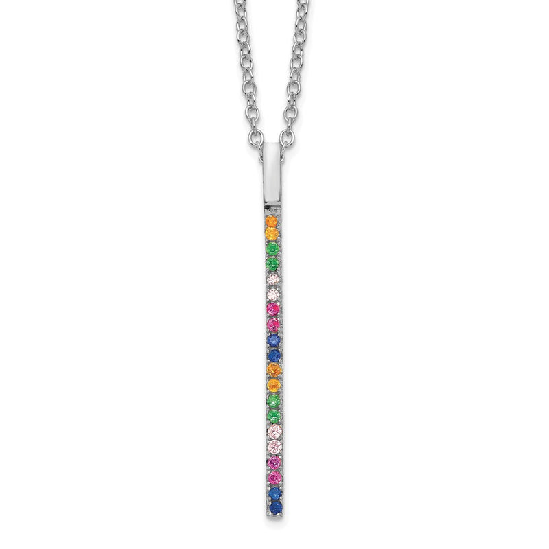 Sterling Silver Prizma Rhodium-Plated 16 Inch Colorful Cz Vertical Bar Necklace With 2 Extender