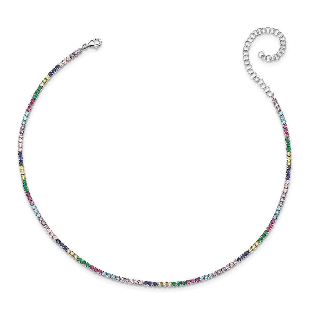Sterling Silver Prizma Rhodium-Plated 12 Inch Colorful Cz Choker With 3 Extender