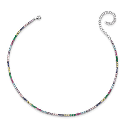 Sterling Silver Prizma Rhodium-Plated 12 Inch Colorful Cz Choker With 3 Extender