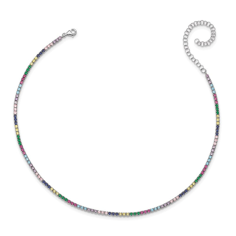 Sterling Silver Prizma Rhodium-Plated 12 Inch Colorful Cz Choker With 3 Extender