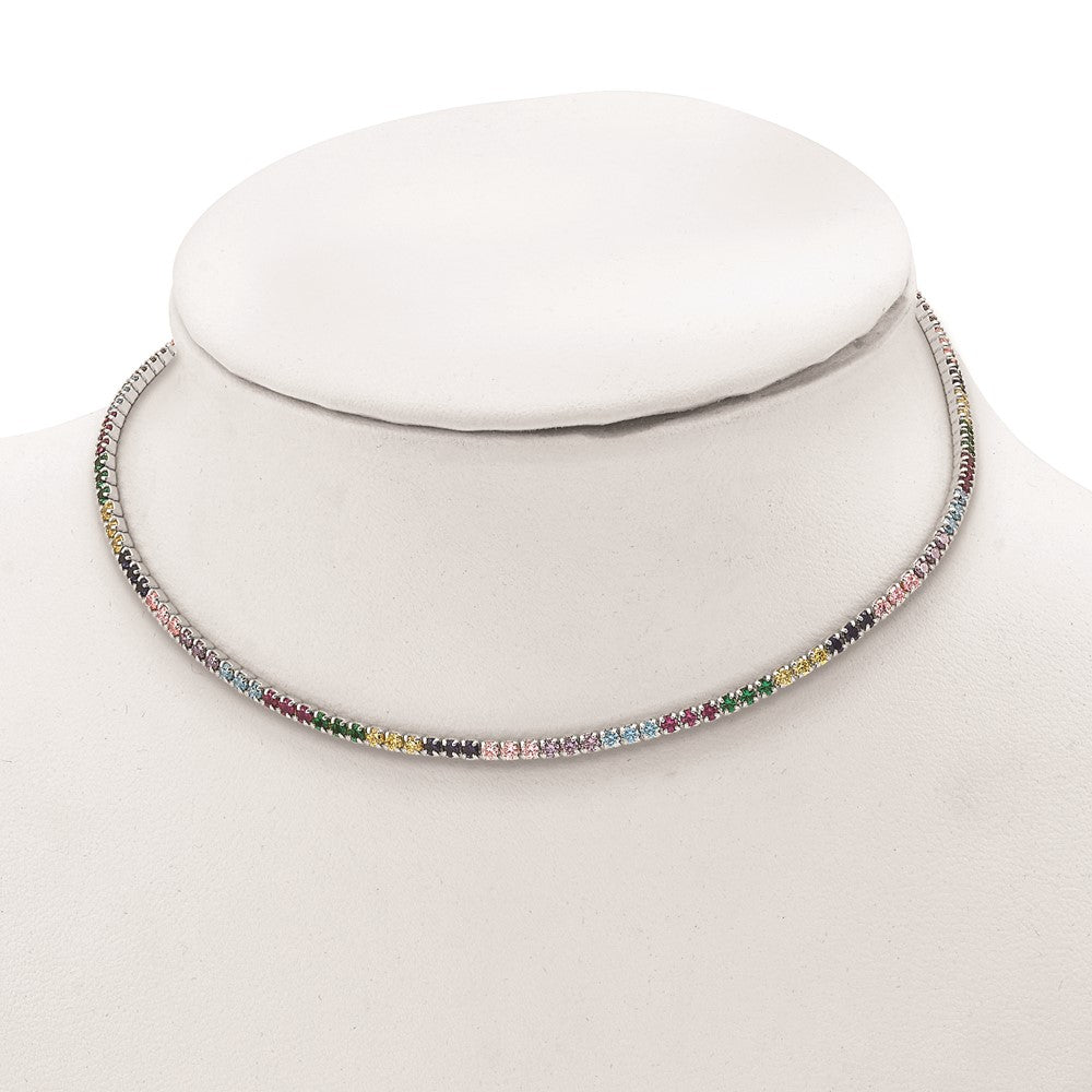 Sterling Silver Prizma Rhodium-Plated 12 Inch Colorful Cz Choker With 3 Extender