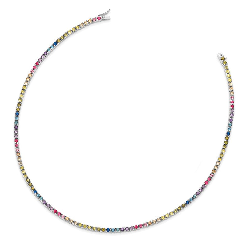 Sterling Silver Prizma Rhodium-Plated 18 Inch 3mm Colorful Cz Necklace
