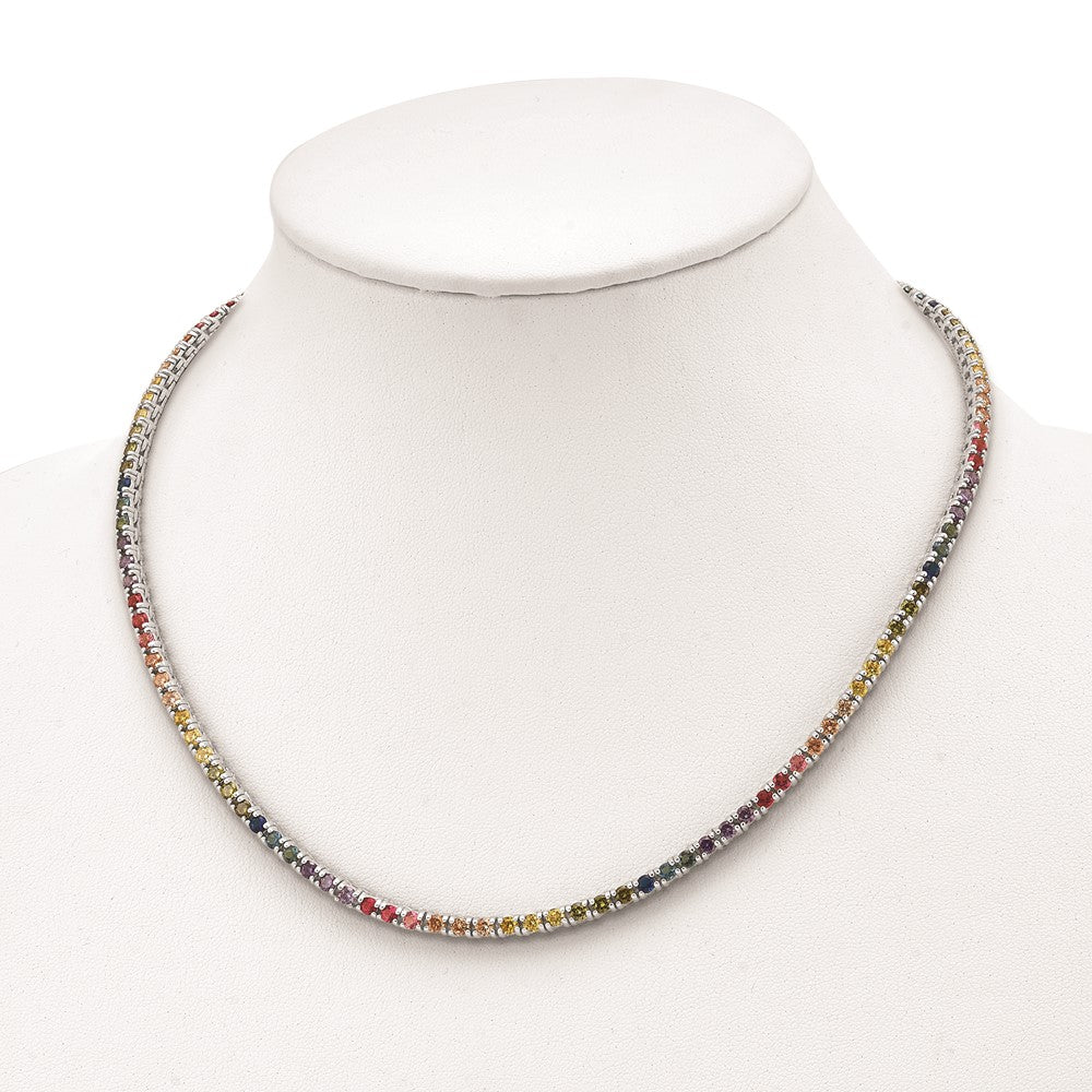 Sterling Silver Prizma Rhodium-Plated 18 Inch 3mm Colorful Cz Necklace