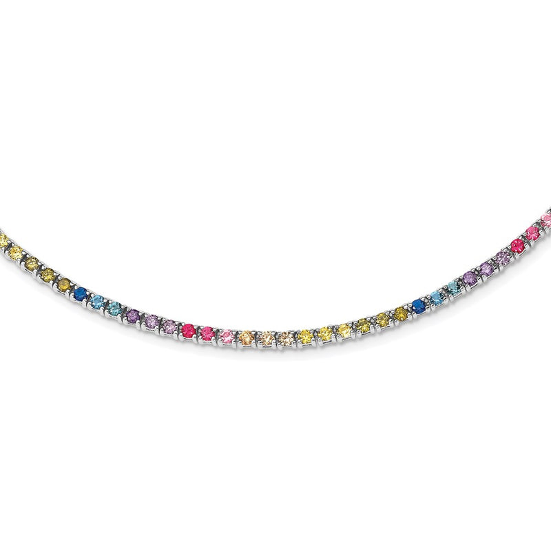 Sterling Silver Prizma Rhodium-Plated 18 Inch 3mm Colorful Cz Necklace