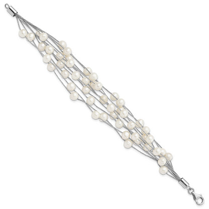 7.25 Inch Sterling Silver Rhod-Plat 7-8mm White Fwc Pearl 10-Rows Bracelet