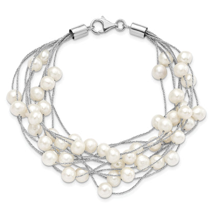 7.25 Inch Sterling Silver Rhod-Plat 7-8mm White Fwc Pearl 10-Rows Bracelet