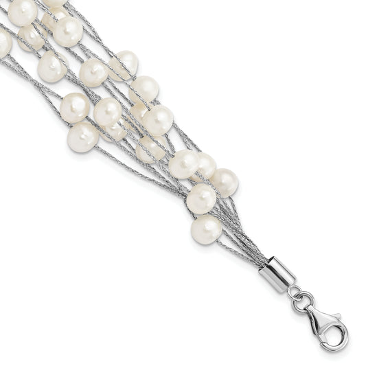 7.25 Inch Sterling Silver Rhod-Plat 7-8mm White Fwc Pearl 10-Rows Bracelet