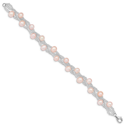 7.5 Inch Sterling Silver Rhd-Plt 7-9mm Pink Fwc Pearl & Glass Beaded Bracelet