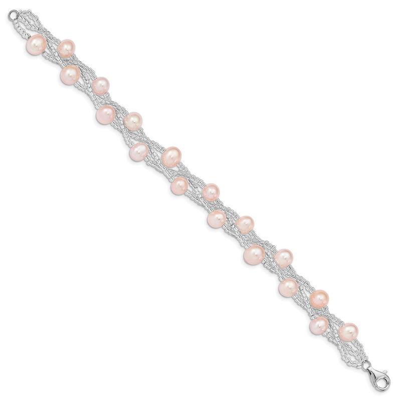 7.5 Inch Sterling Silver Rhd-Plt 7-9mm Pink Fwc Pearl & Glass Beaded Bracelet
