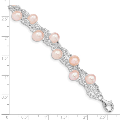 7.5 Inch Sterling Silver Rhd-Plt 7-9mm Pink Fwc Pearl & Glass Beaded Bracelet