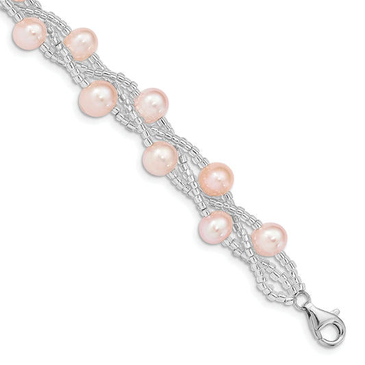 7.5 Inch Sterling Silver Rhd-Plt 7-9mm Pink Fwc Pearl & Glass Beaded Bracelet