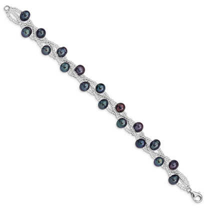 7.5 Inch Sterling Silver Rhd-Plt 7-9mm Black Fwc Pearl & Glass Beaded Bracelet