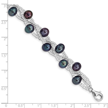 7.5 Inch Sterling Silver Rhd-Plt 7-9mm Black Fwc Pearl & Glass Beaded Bracelet