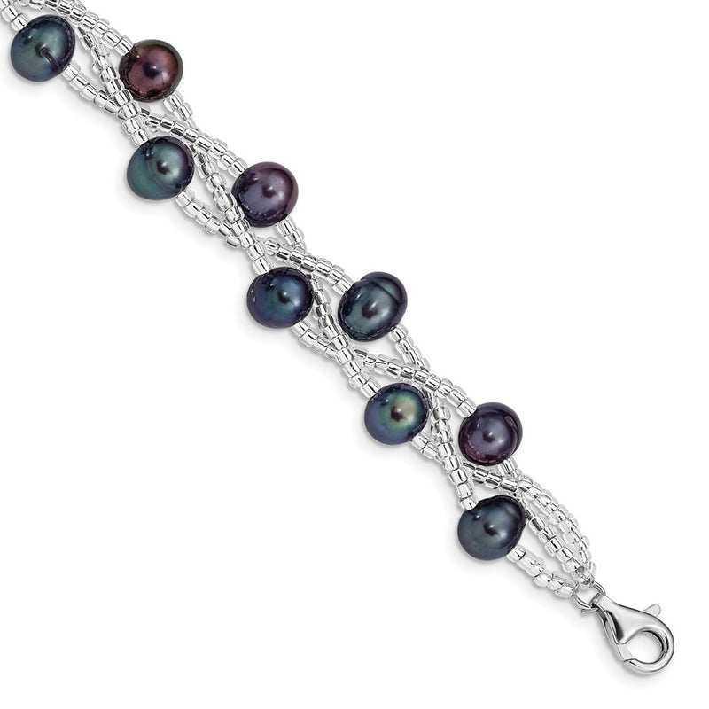 7.5 Inch Sterling Silver Rhd-Plt 7-9mm Black Fwc Pearl & Glass Beaded Bracelet