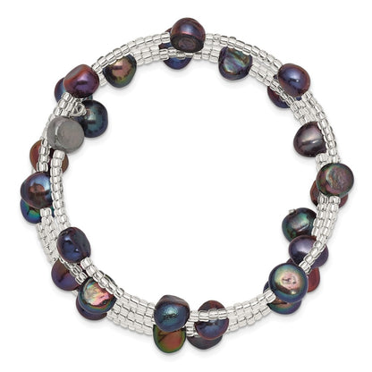 Fashion 7-8mm Black Freshwater Cultured Pearl And Glass Beaded Coil Slip-On Bangle