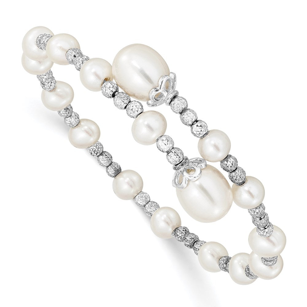 Sterling Silver Rh-Plated 5-6mm And 8mm White Fwc Pearl Coil Bangle