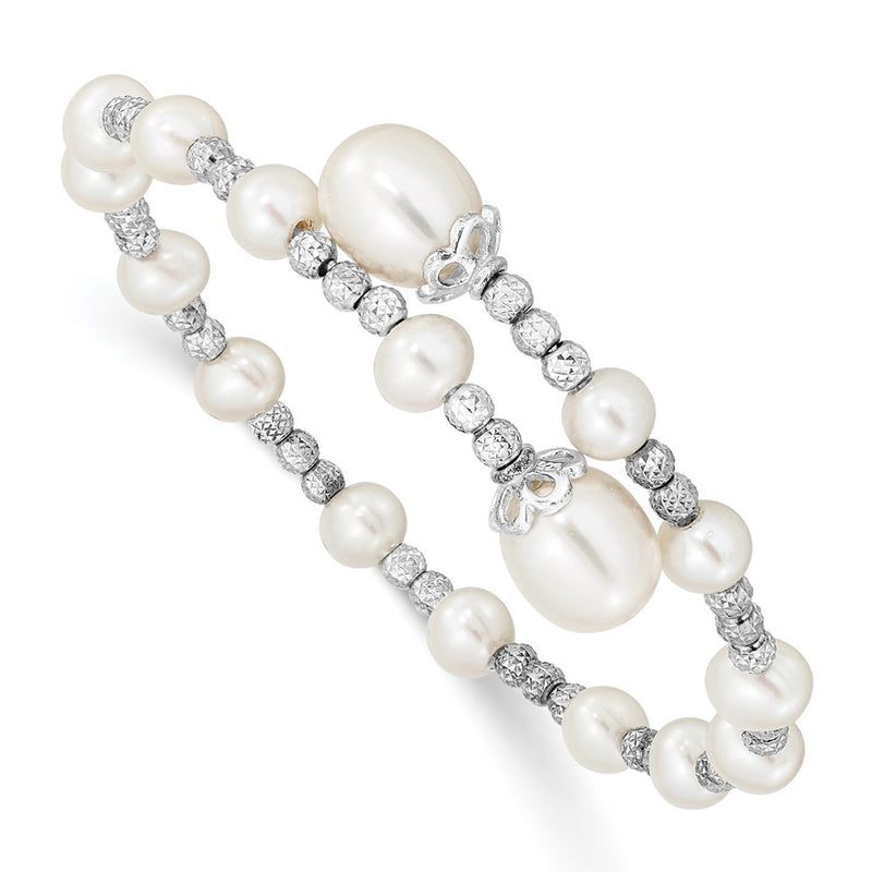 Sterling Silver Rh-Plated 5-6mm And 8mm White Fwc Pearl Coil Bangle