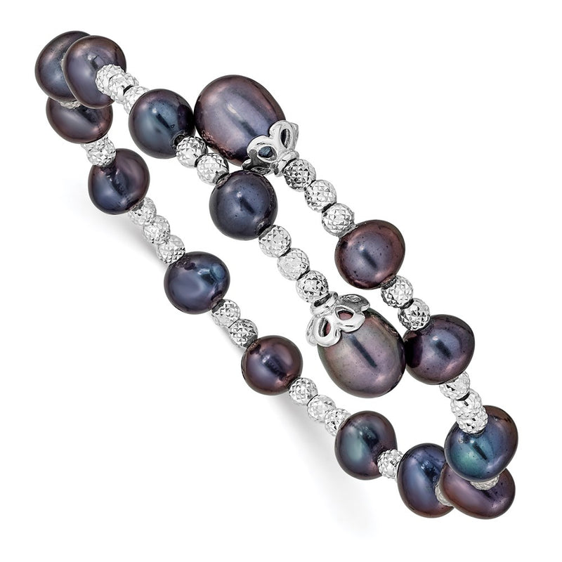 Sterling Silver Rh-Plated 6-7mm And 8mm Black Fwc Pearl Coil Bangle