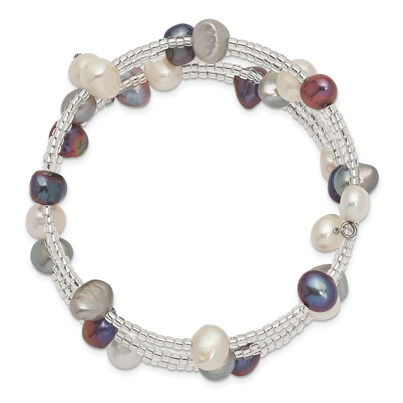 Fashion 7-8mm Black/Grey/White Freshwater Cultured Pearl And Glass Beaded 3-Row Coil Slip-On Bangle
