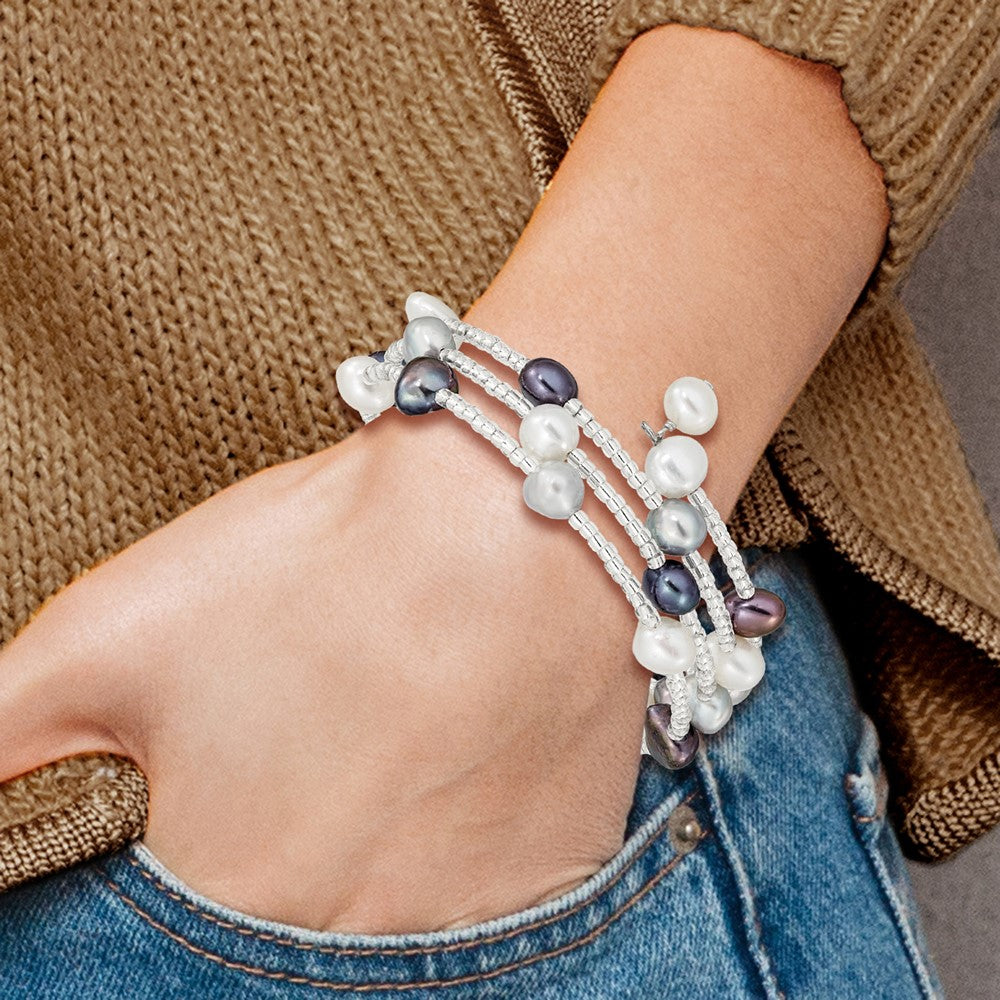 Fashion 7-8mm Black/Grey/White Freshwater Cultured Pearl And Glass Beaded 3-Row Coil Slip-On Bangle