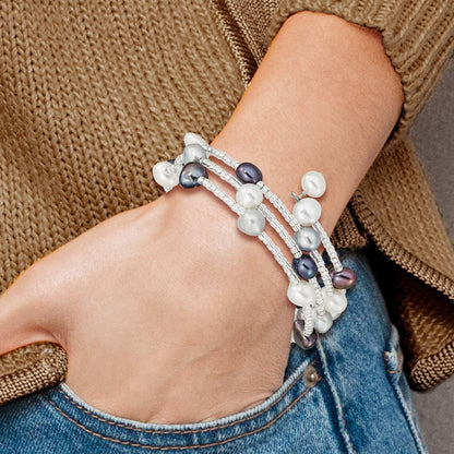 Fashion 7-8mm Black/Grey/White Freshwater Cultured Pearl And Glass Beaded 3-Row Coil Slip-On Bangle