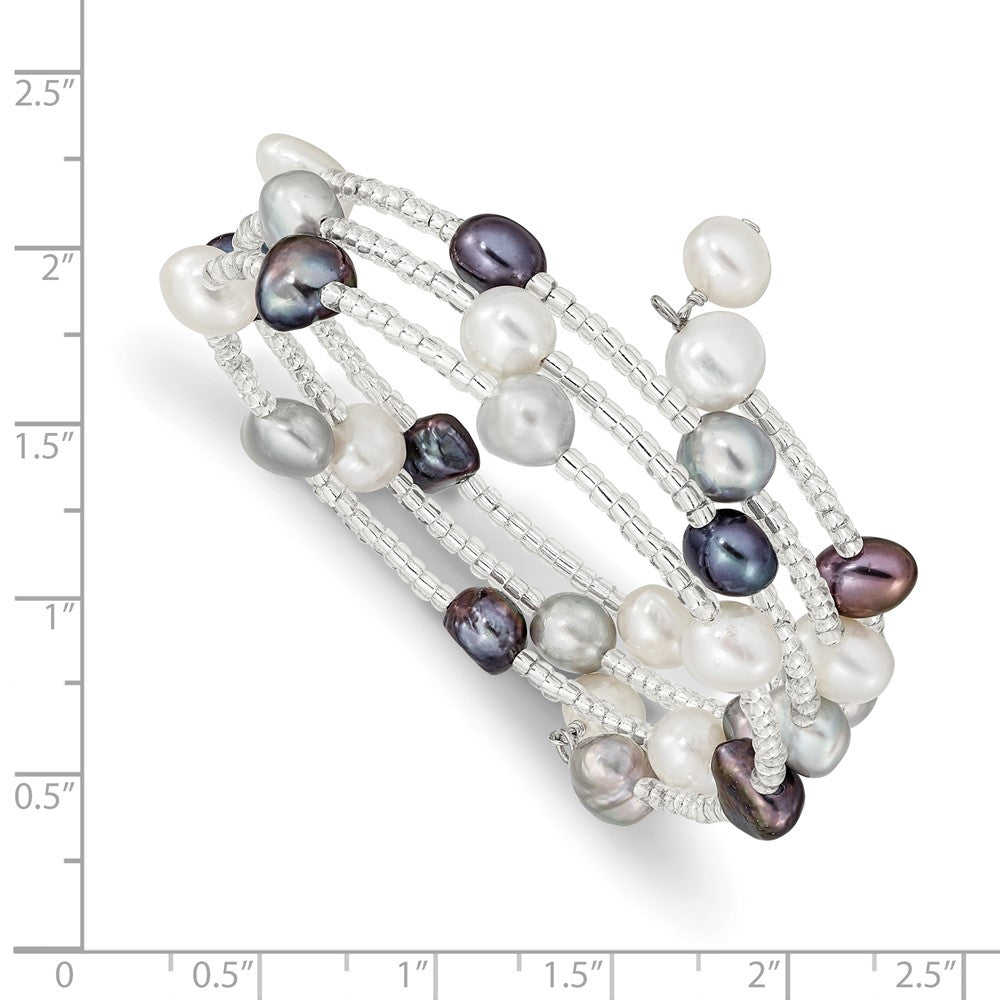 Fashion 7-8mm Black/Grey/White Freshwater Cultured Pearl And Glass Beaded 3-Row Coil Slip-On Bangle