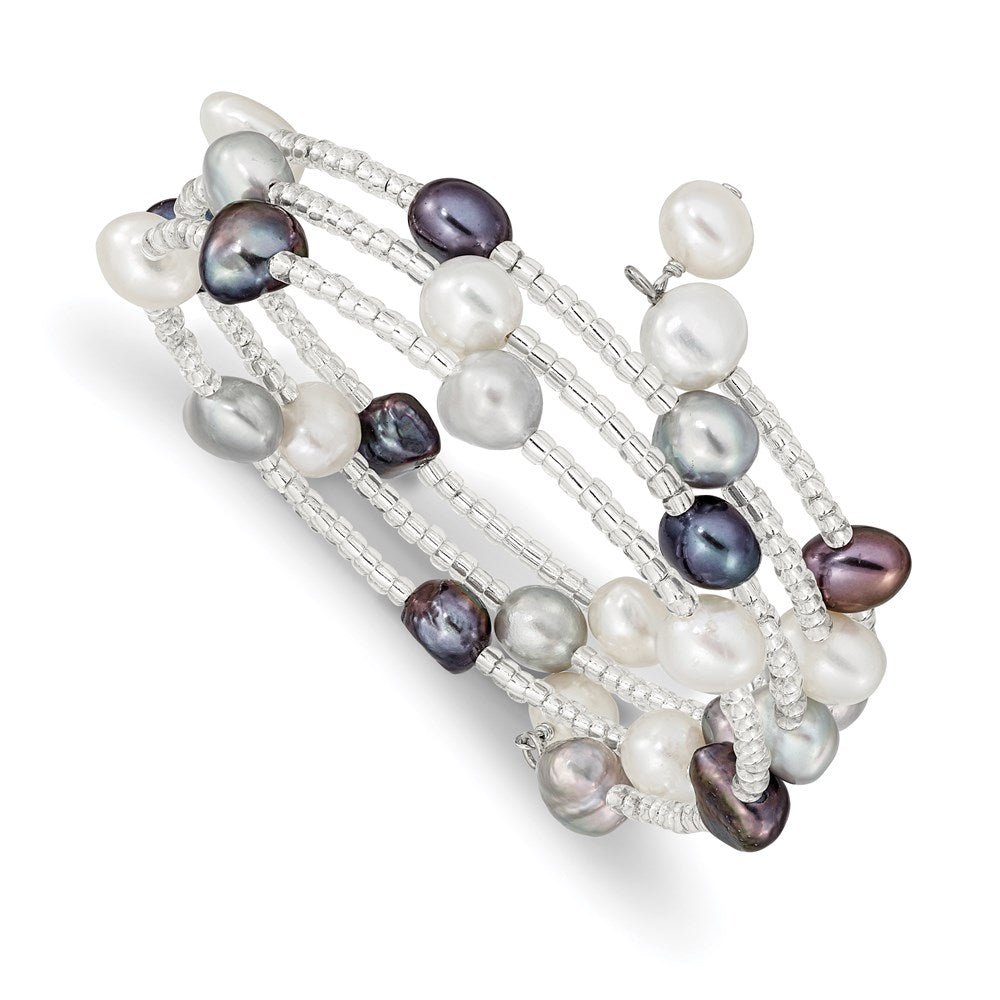 Fashion 7-8mm Black/Grey/White Freshwater Cultured Pearl And Glass Beaded 3-Row Coil Slip-On Bangle