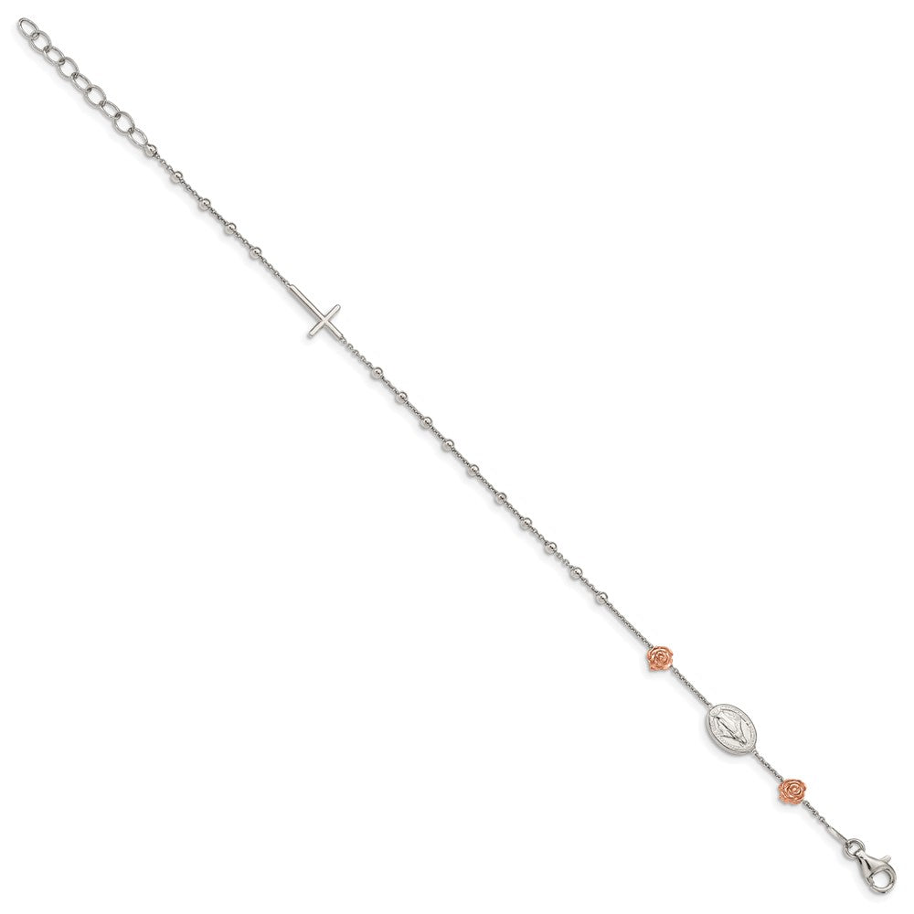 7 Inch Sterling Silver Rhod-Plted Rose-Tone Roses W/Cross W/1In Ext Bracelet
