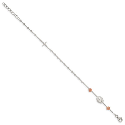 7 Inch Sterling Silver Rhod-Plted Rose-Tone Roses W/Cross W/1In Ext Bracelet