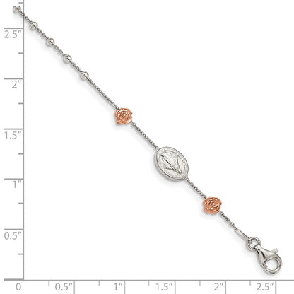 7 Inch Sterling Silver Rhod-Plted Rose-Tone Roses W/Cross W/1In Ext Bracelet