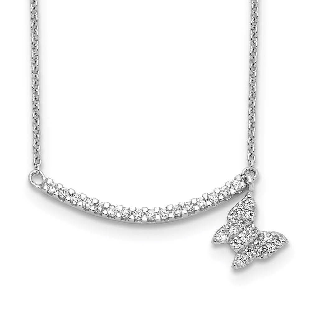 Sterling Silver Cz Bar W/Butterfly Dangle Necklace