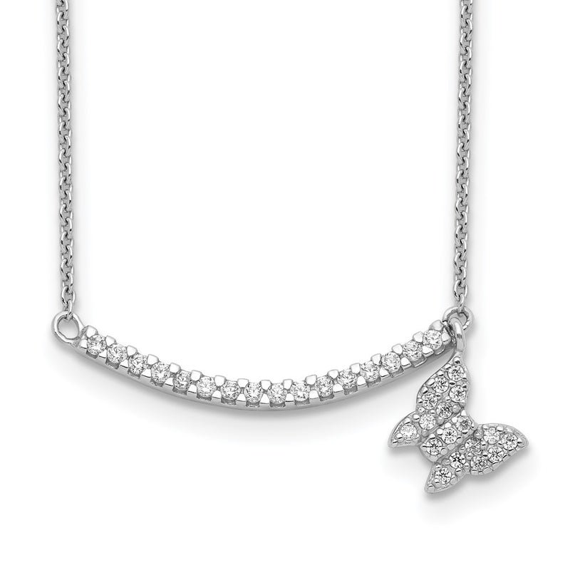 Sterling Silver Cz Bar W/Butterfly Dangle Necklace