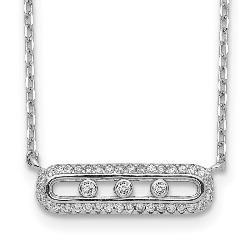 Sterling Silver Rhodium-Plated Cz Bar W/ 2In Ext. Necklace