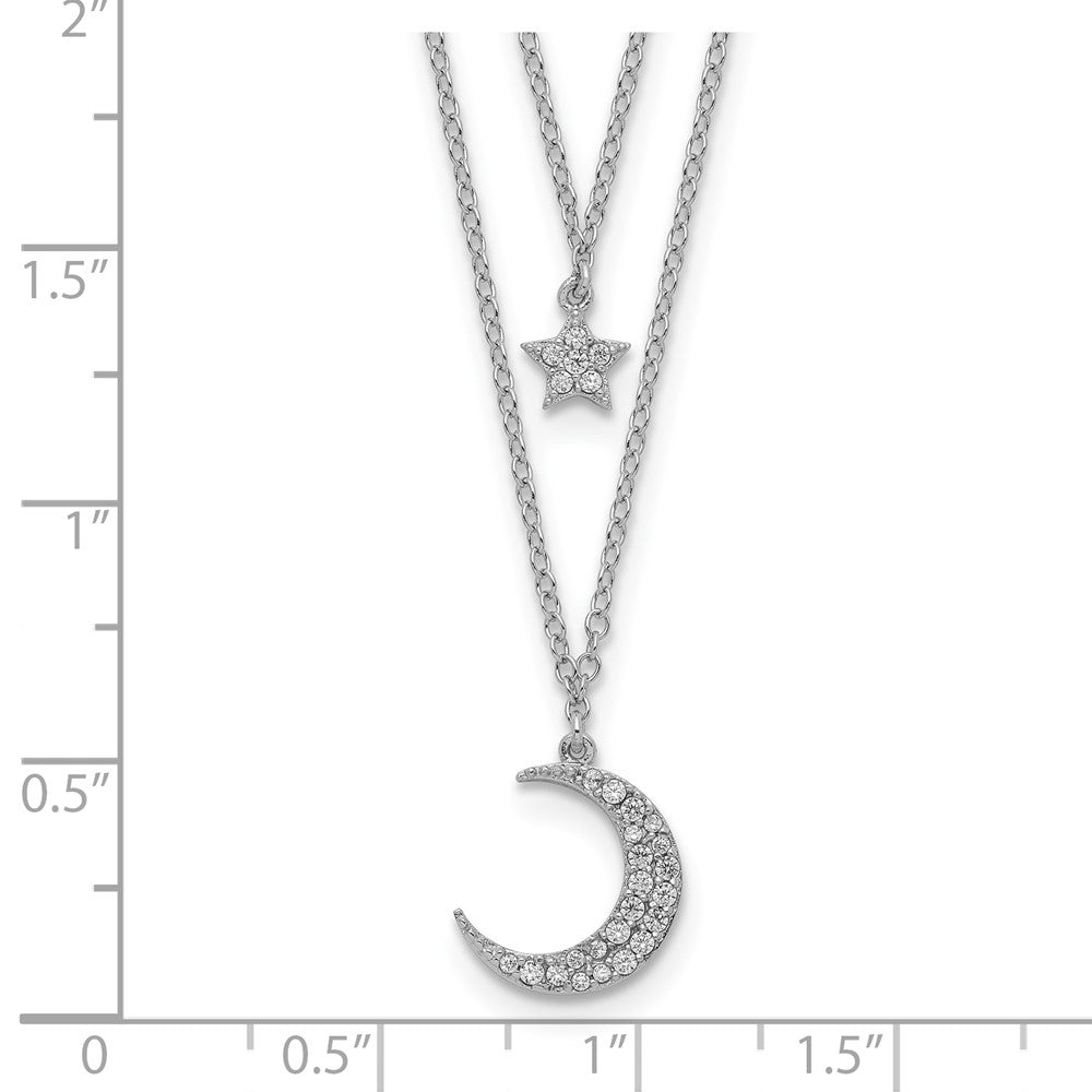 Sterling Silver Rhod-Pltd Cz Star And Moon 2In Ext 2-Strand Necklace
